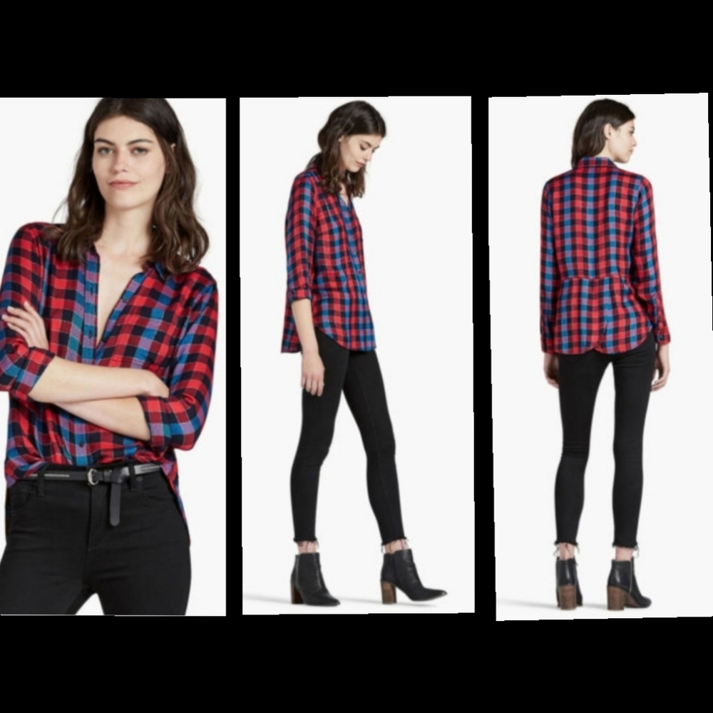 XL women LUCKY BRAND plaid button long sleeve red black split back